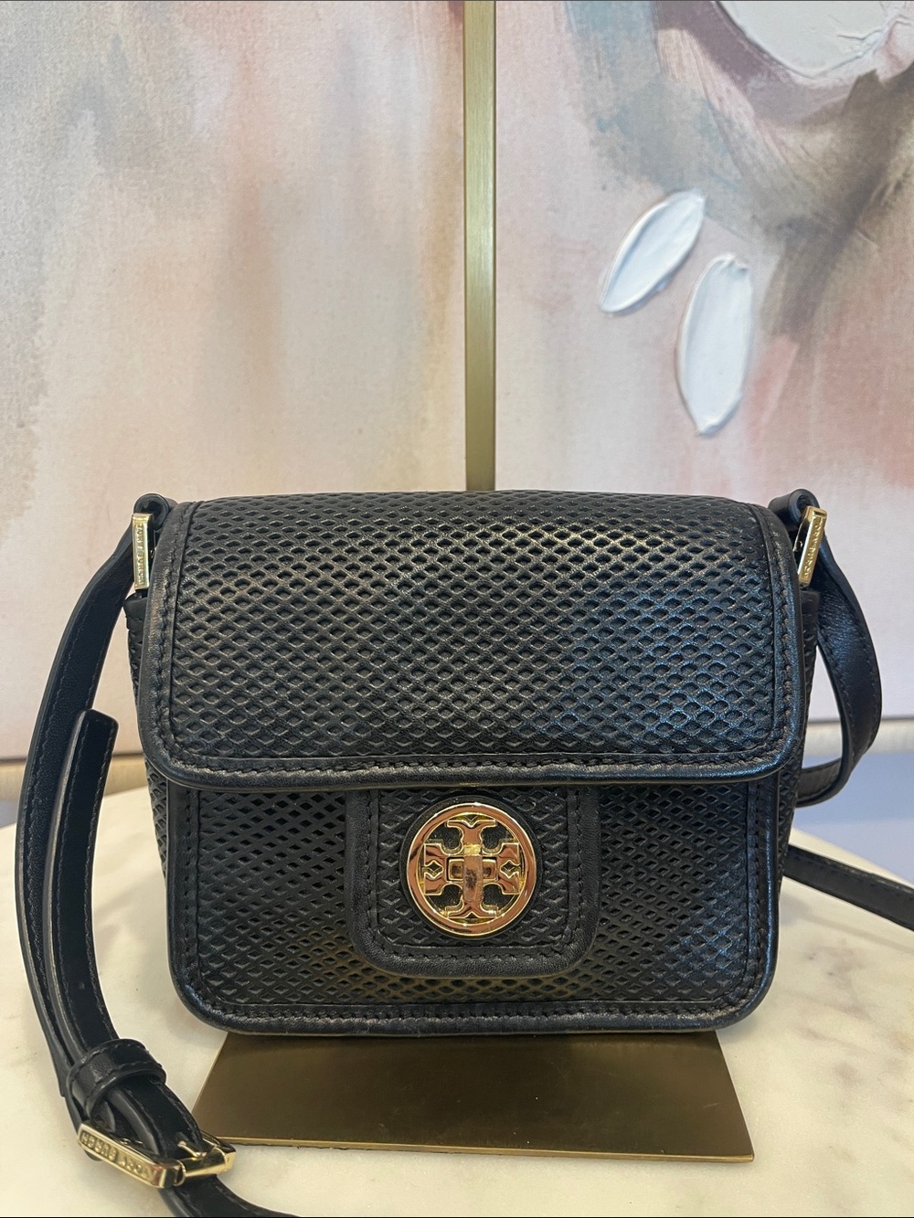Tory Burch Black Perforated Leather Crossbody with Gold Logo